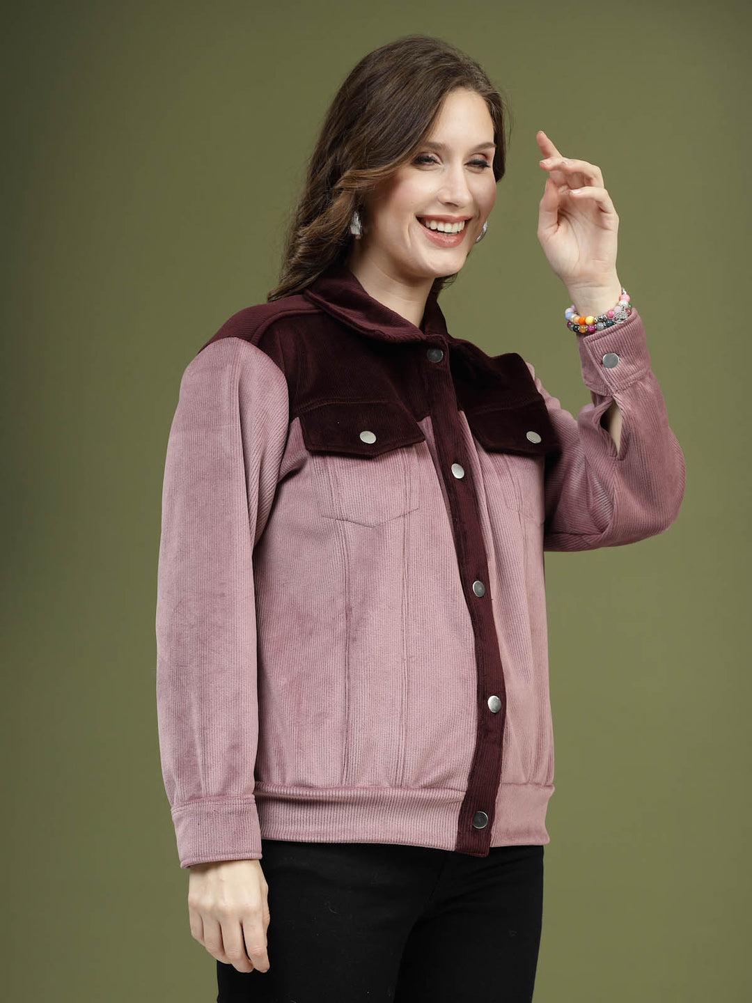 Pink Self Design Spread Collar Bomber Jacket