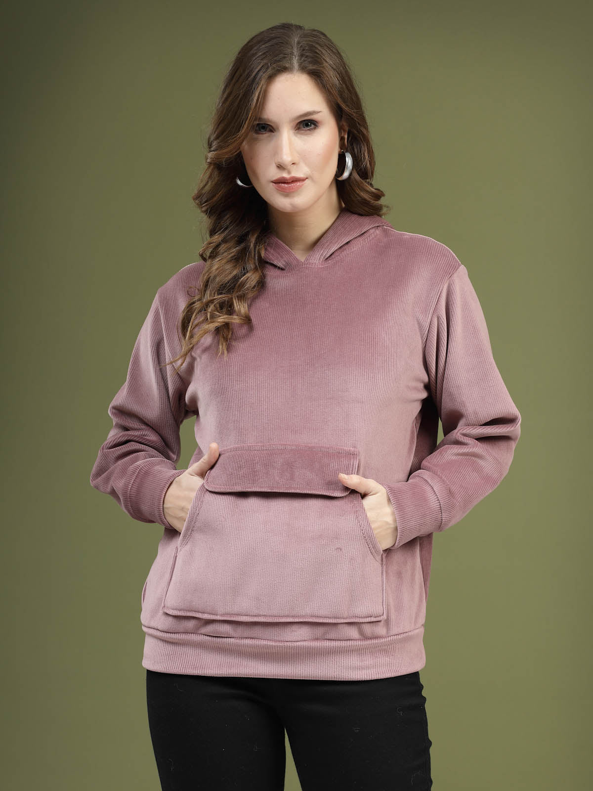 Pink Hooded Long Sleeves Pullover Sweatshirt