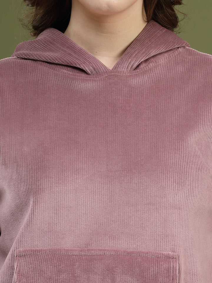 Pink Hooded Long Sleeves Pullover Sweatshirt