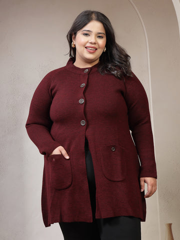 Plus Size Solid Round Neck Regular Sleeves Cardigan Sweaters