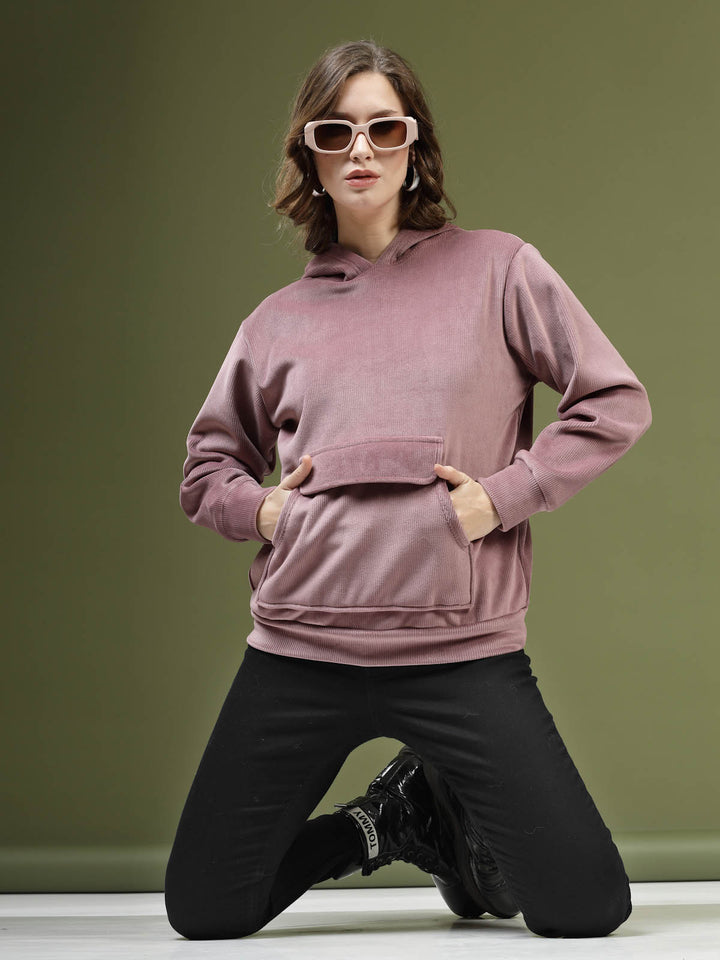 Pink Hooded Long Sleeves Pullover Sweatshirt