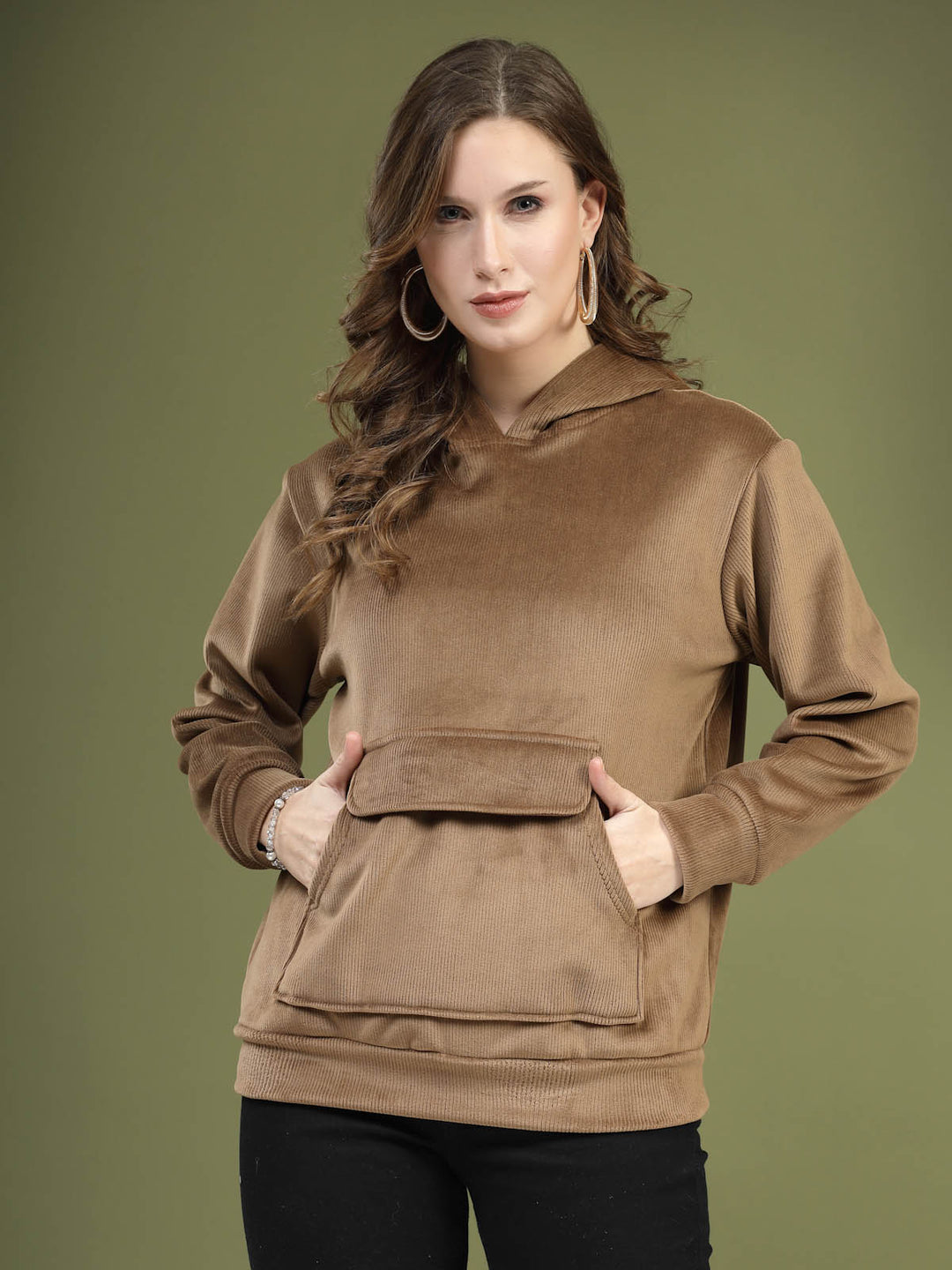 Brown Hooded Long Sleeves Pullover Sweatshirt