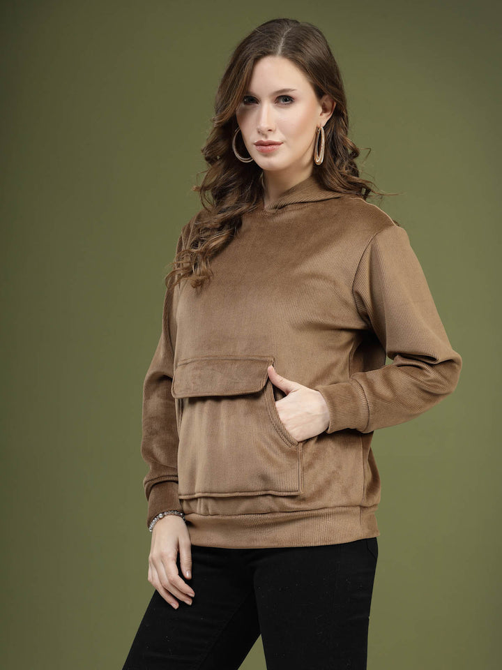 Brown Hooded Long Sleeves Pullover Sweatshirt