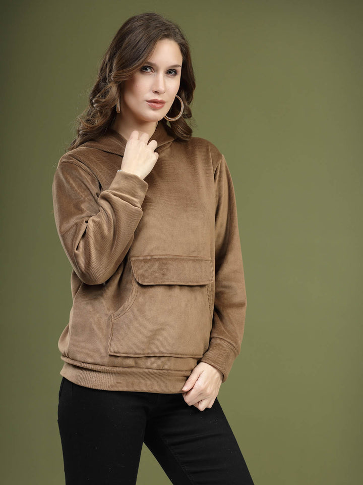 Brown Hooded Long Sleeves Pullover Sweatshirt