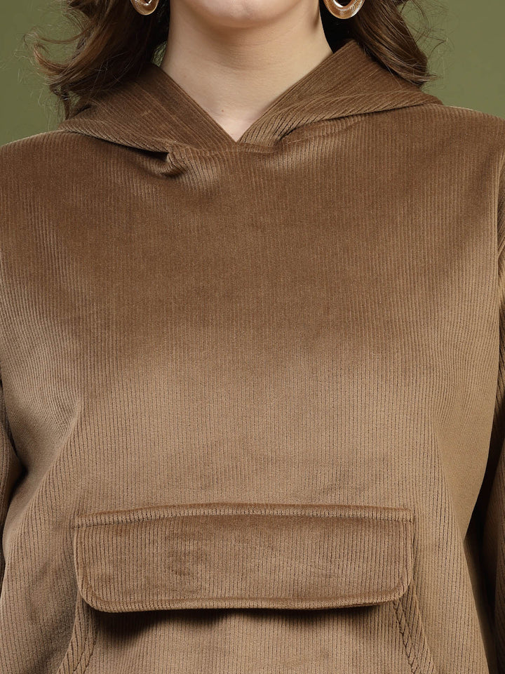 Brown Hooded Long Sleeves Pullover Sweatshirt