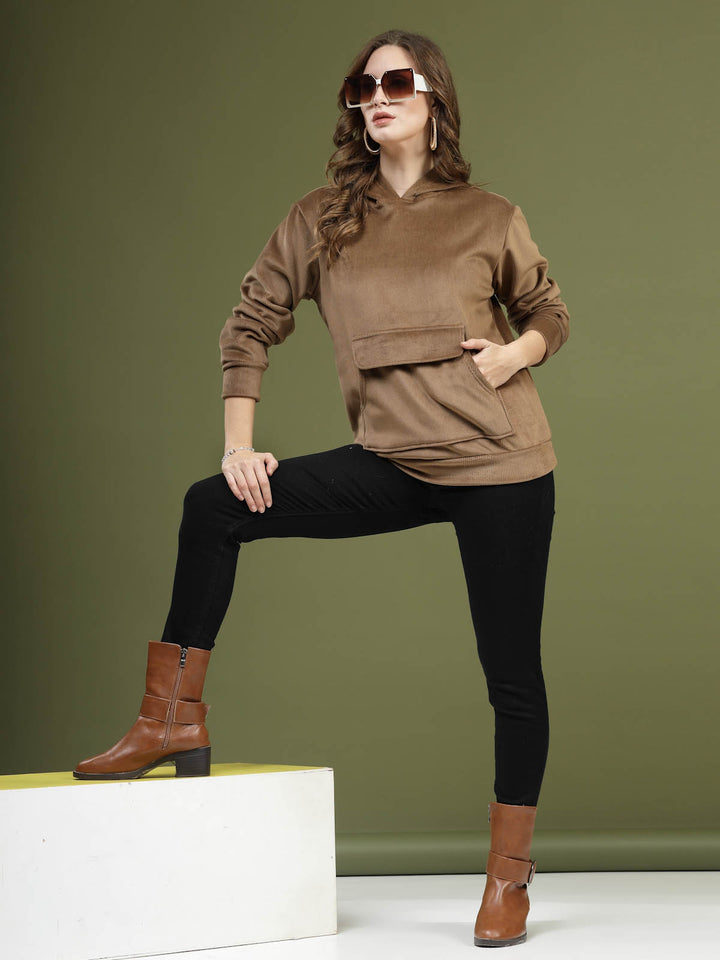 Brown Hooded Long Sleeves Pullover Sweatshirt