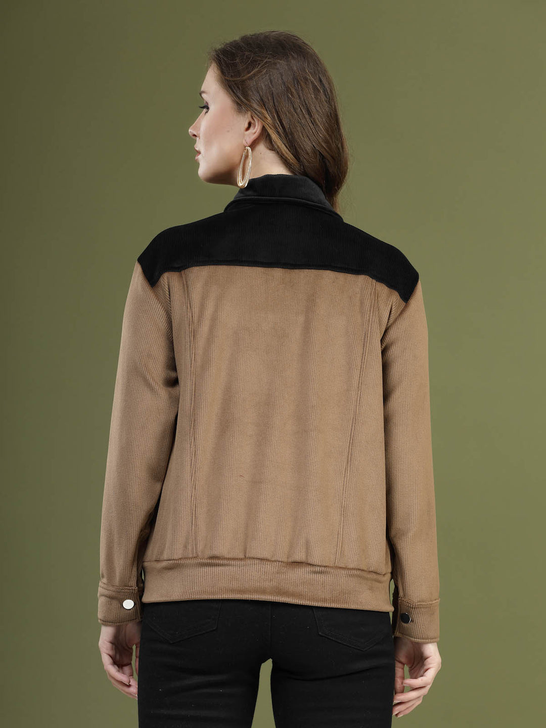 Brown Self Design Spread Collar Bomber Jacket