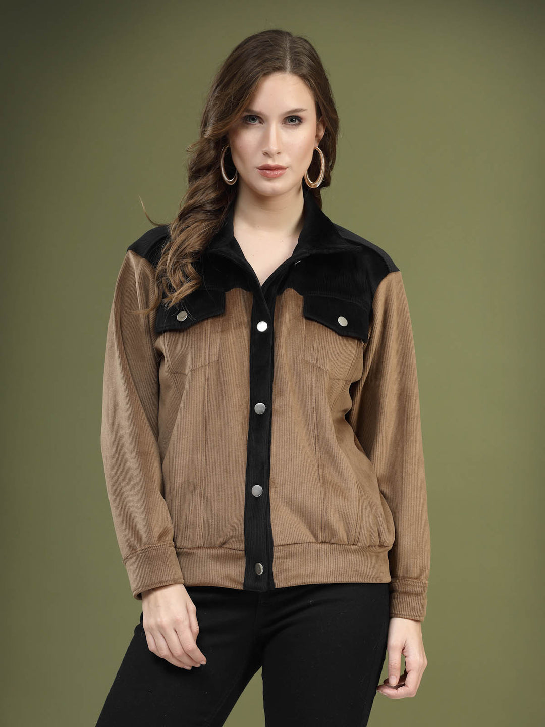 Brown Self Design Spread Collar Bomber Jacket