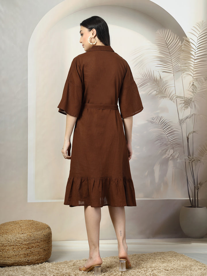 Solid Belted A-Line Midi Dress