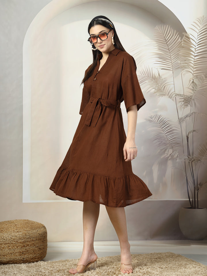 Solid Belted A-Line Midi Dress