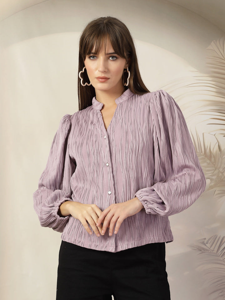 Striped Mandarin Collar Shirt Style Polyester Top