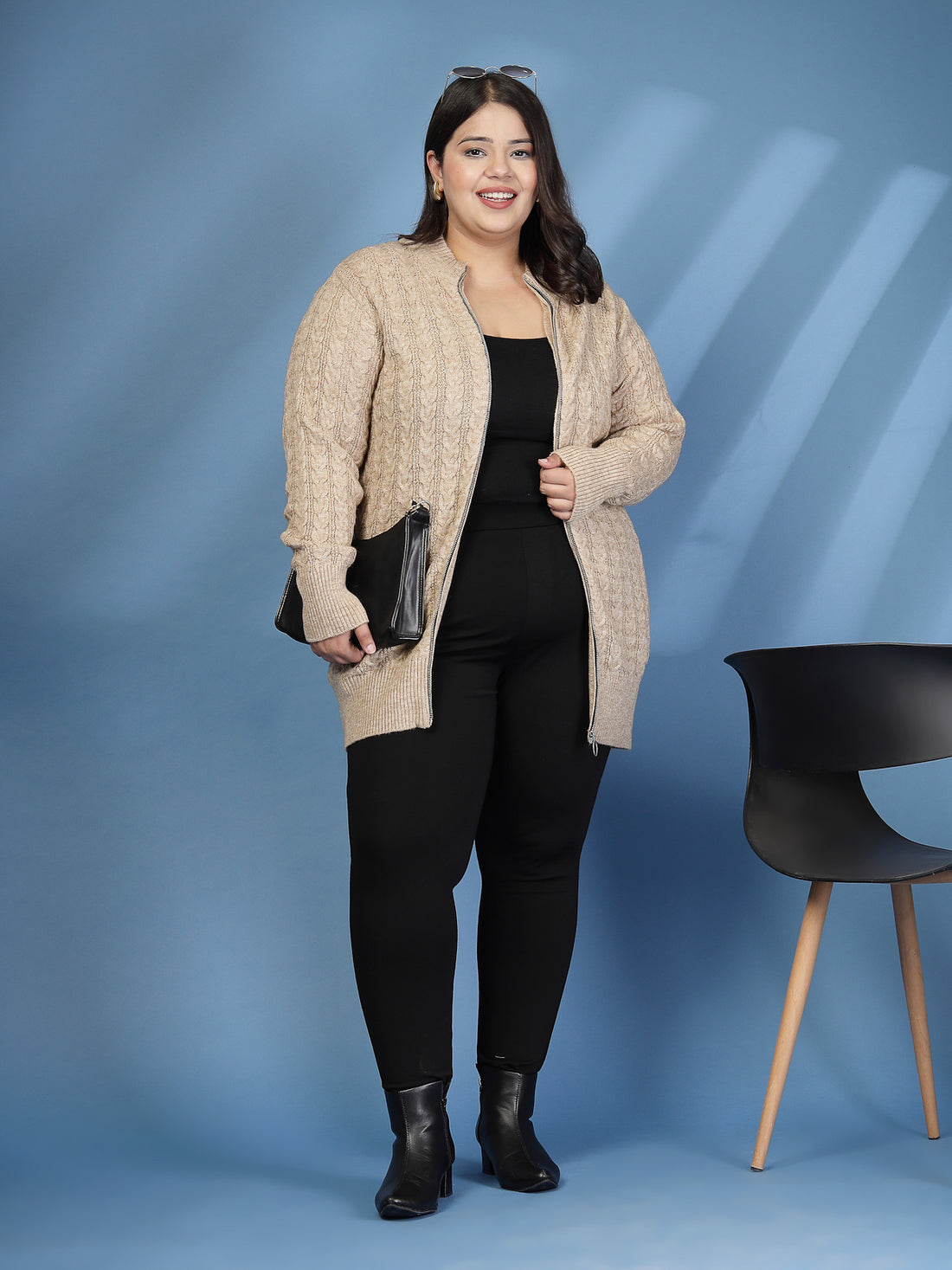 Plus Size Women Self Design Mock Collar Full Sleeves Front Open Sweaters