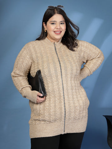 Plus Size Women Self Design Mock Collar Full Sleeves Front Open Sweaters