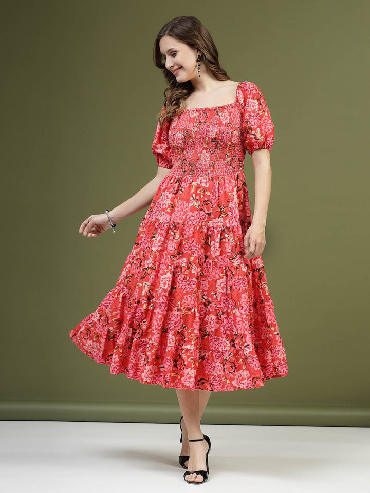 Red Floral Printed Square Neck Puff Sleeves Smocked Fit  Flare Midi Dress