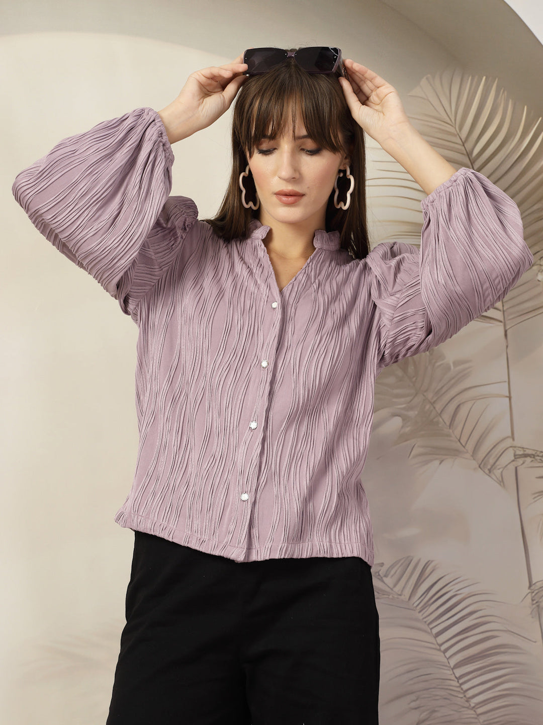 Striped Mandarin Collar Shirt Style Polyester Top