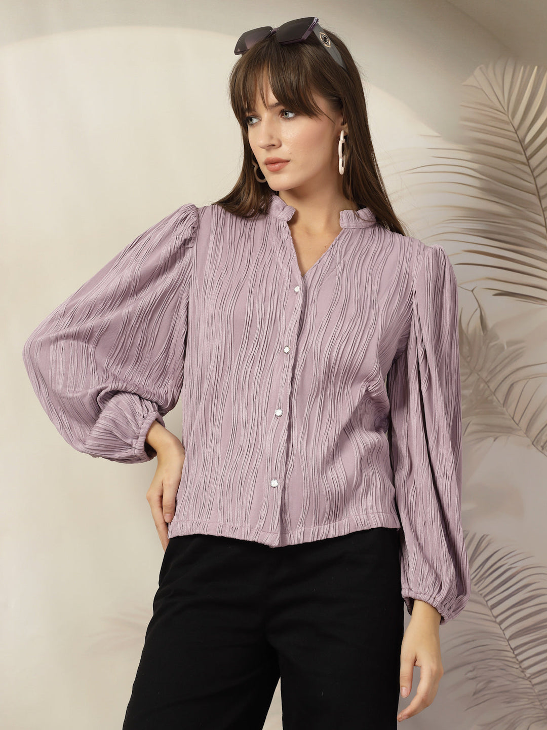 Striped Mandarin Collar Shirt Style Polyester Top