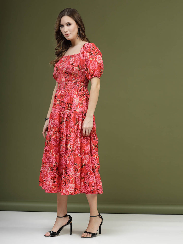 Red Floral Printed Square Neck Puff Sleeves Smocked Fit  Flare Midi Dress