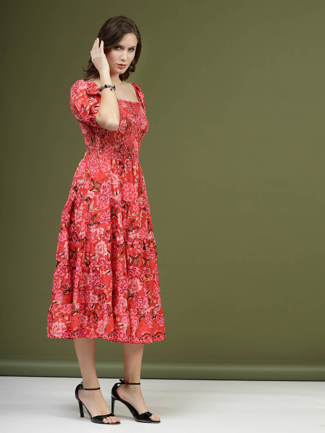 Red Floral Printed Square Neck Puff Sleeves Smocked Fit  Flare Midi Dress