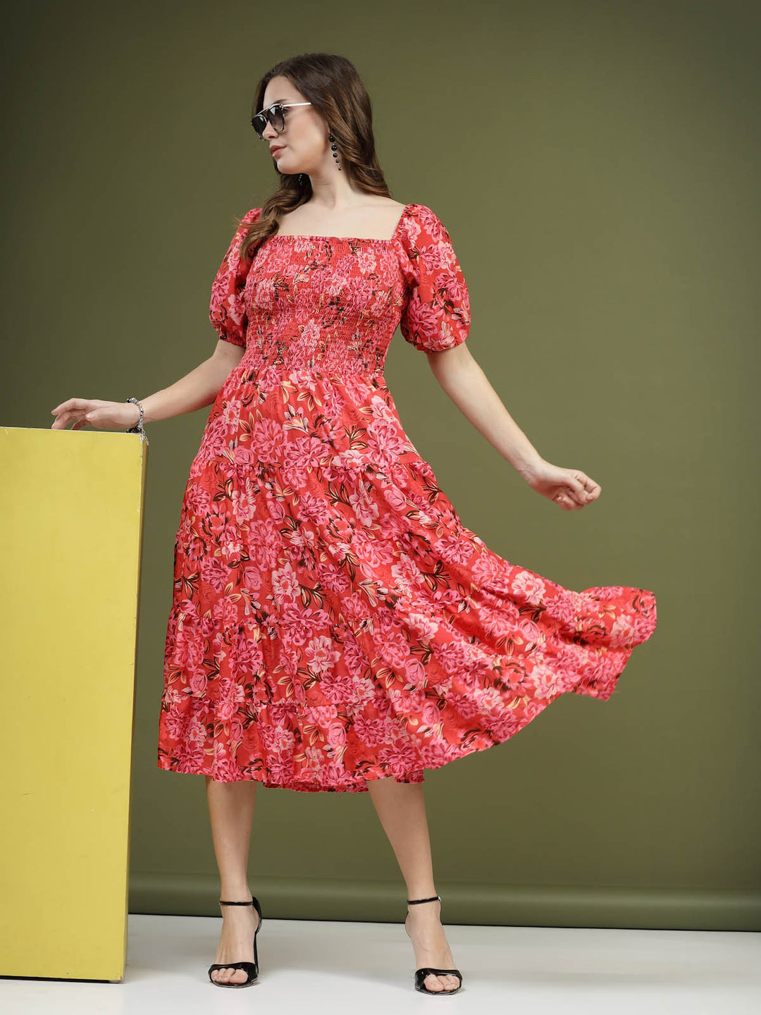 Red Floral Printed Square Neck Puff Sleeves Smocked Fit  Flare Midi Dress