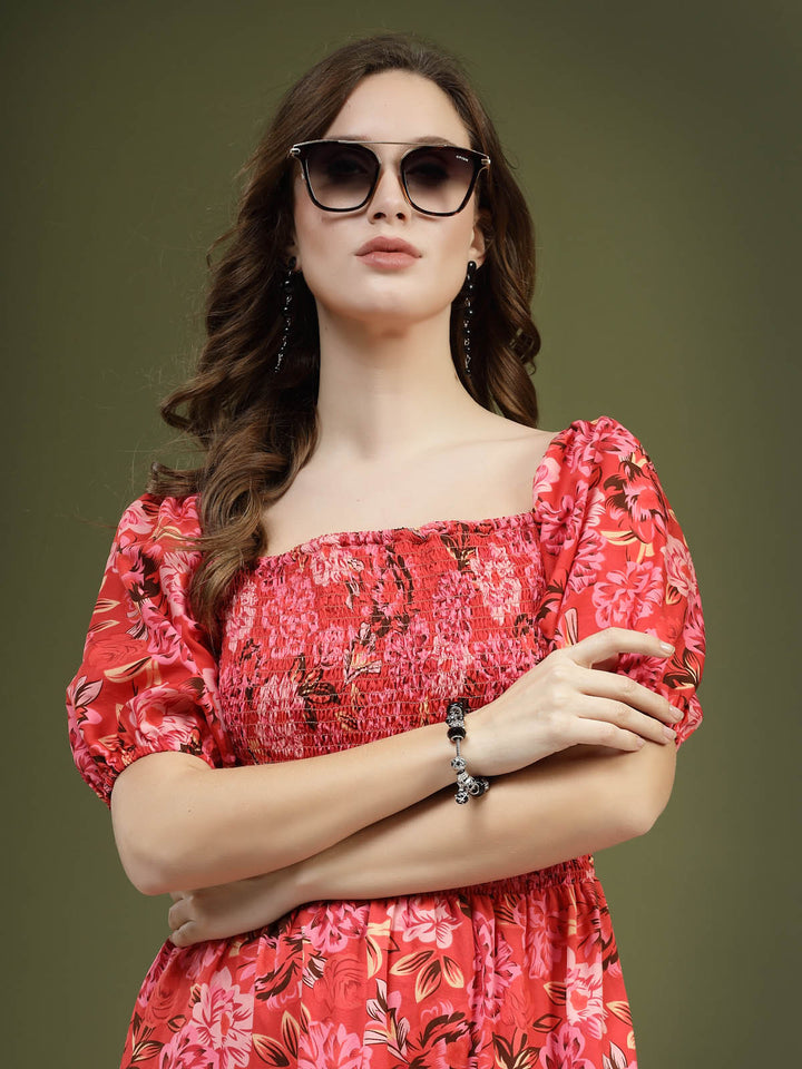 Red Floral Printed Square Neck Puff Sleeves Smocked Fit  Flare Midi Dress