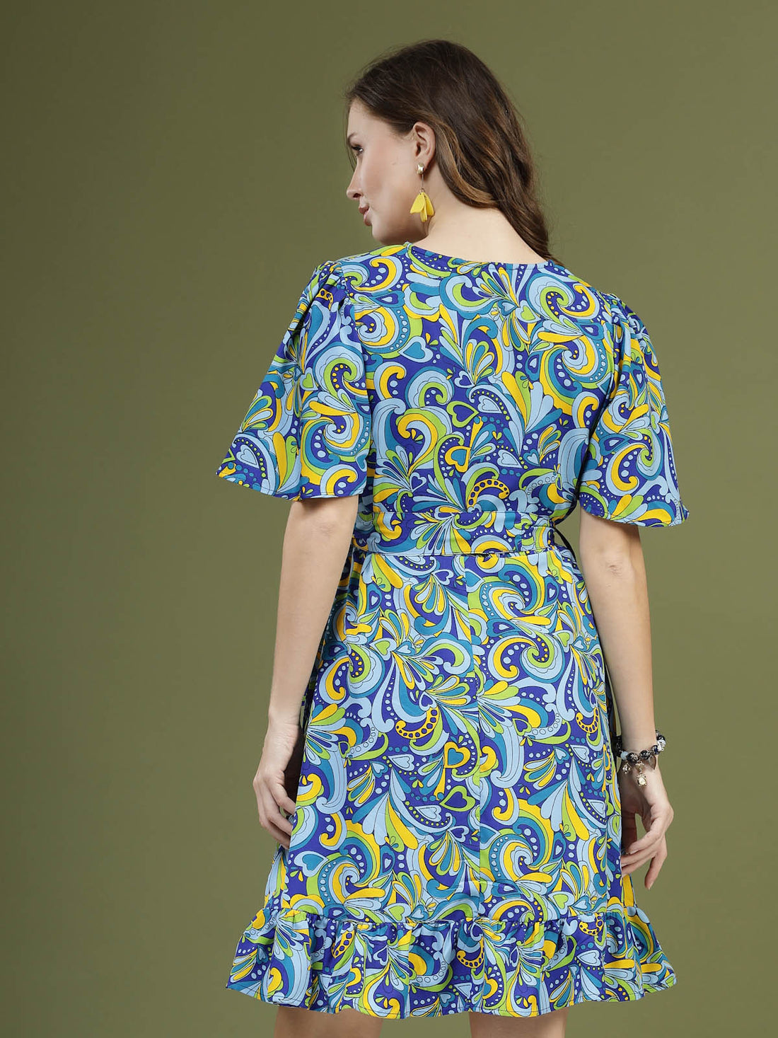 Blue  Green Floral Printed V-Neck Flared Sleeves Fit  Flare Dress