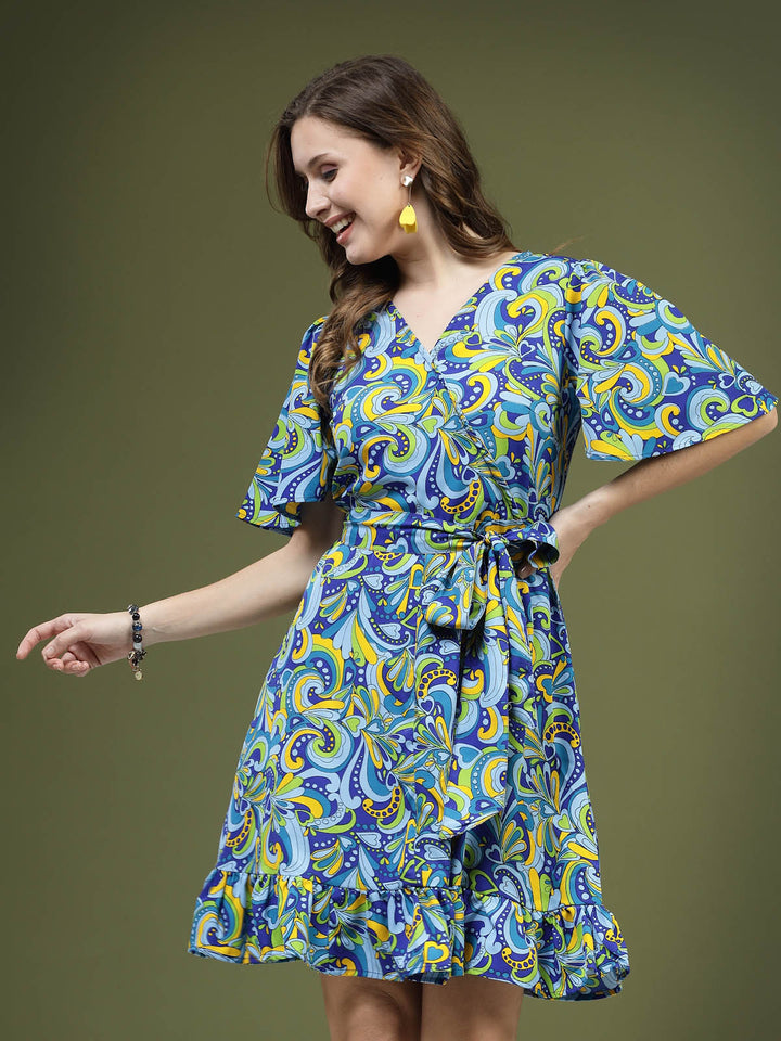 Blue  Green Floral Printed V-Neck Flared Sleeves Fit  Flare Dress