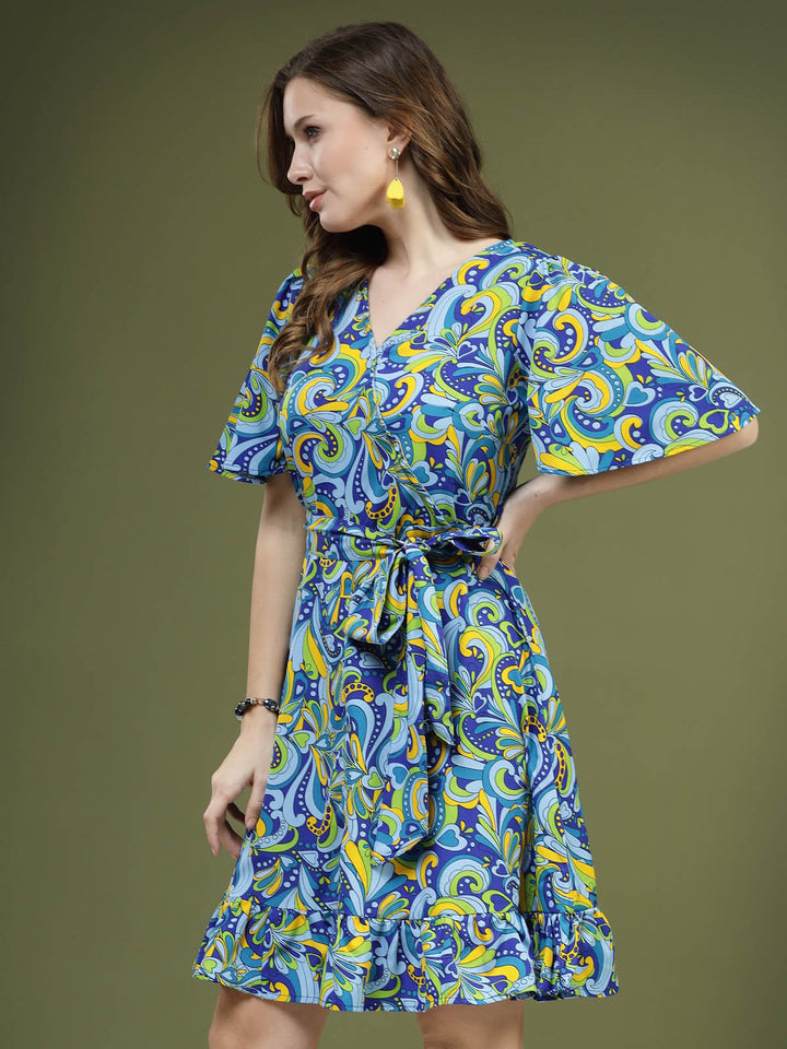 Blue  Green Floral Printed V-Neck Flared Sleeves Fit  Flare Dress