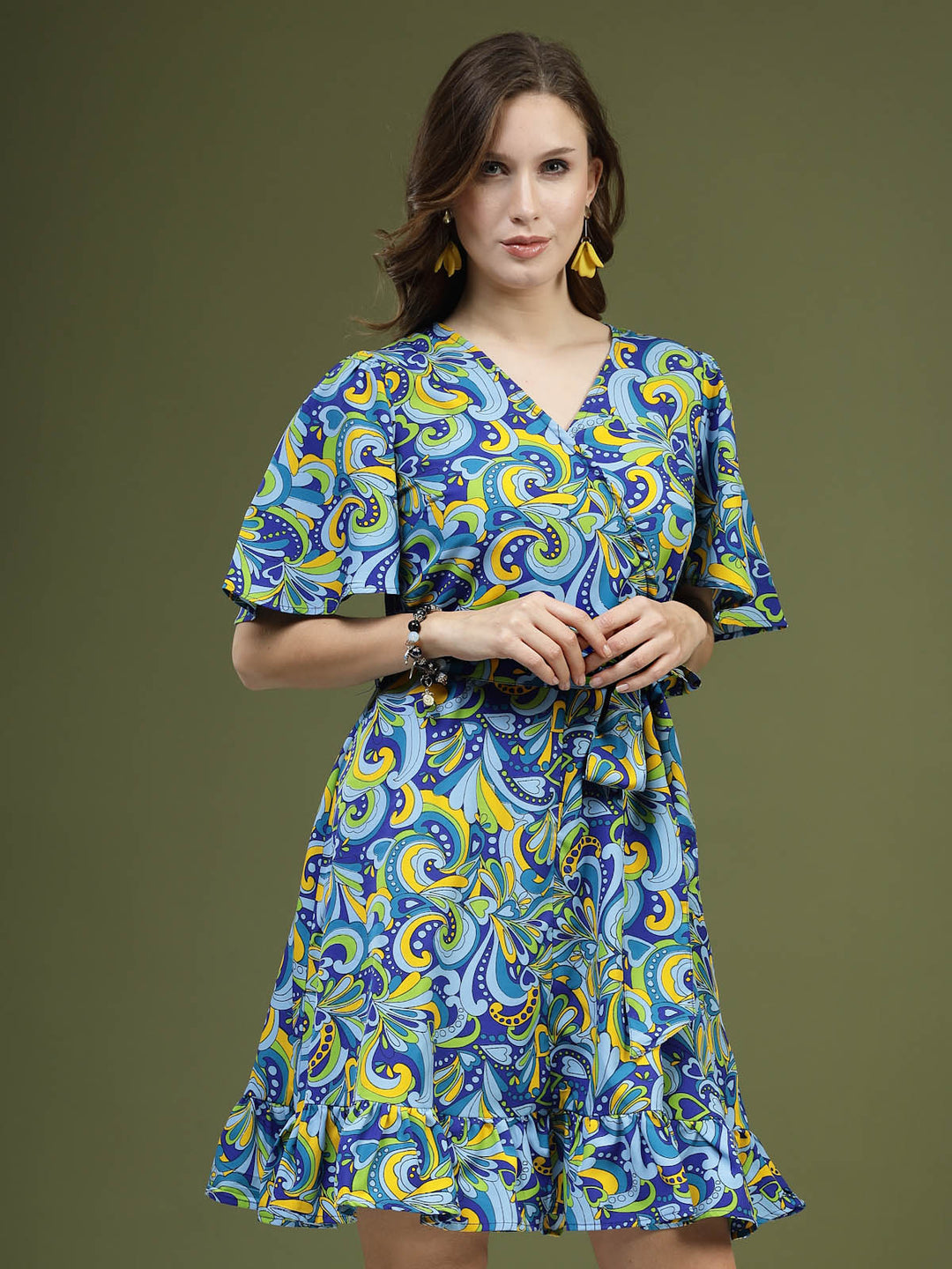 Blue  Green Floral Printed V-Neck Flared Sleeves Fit  Flare Dress