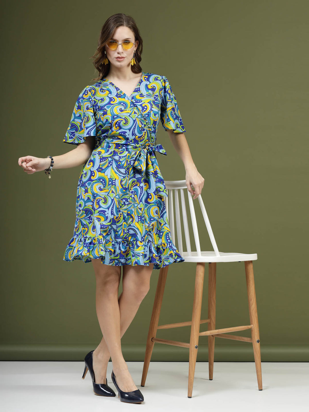 Blue  Green Floral Printed V-Neck Flared Sleeves Fit  Flare Dress