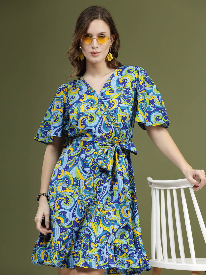 Blue  Green Floral Printed V-Neck Flared Sleeves Fit  Flare Dress