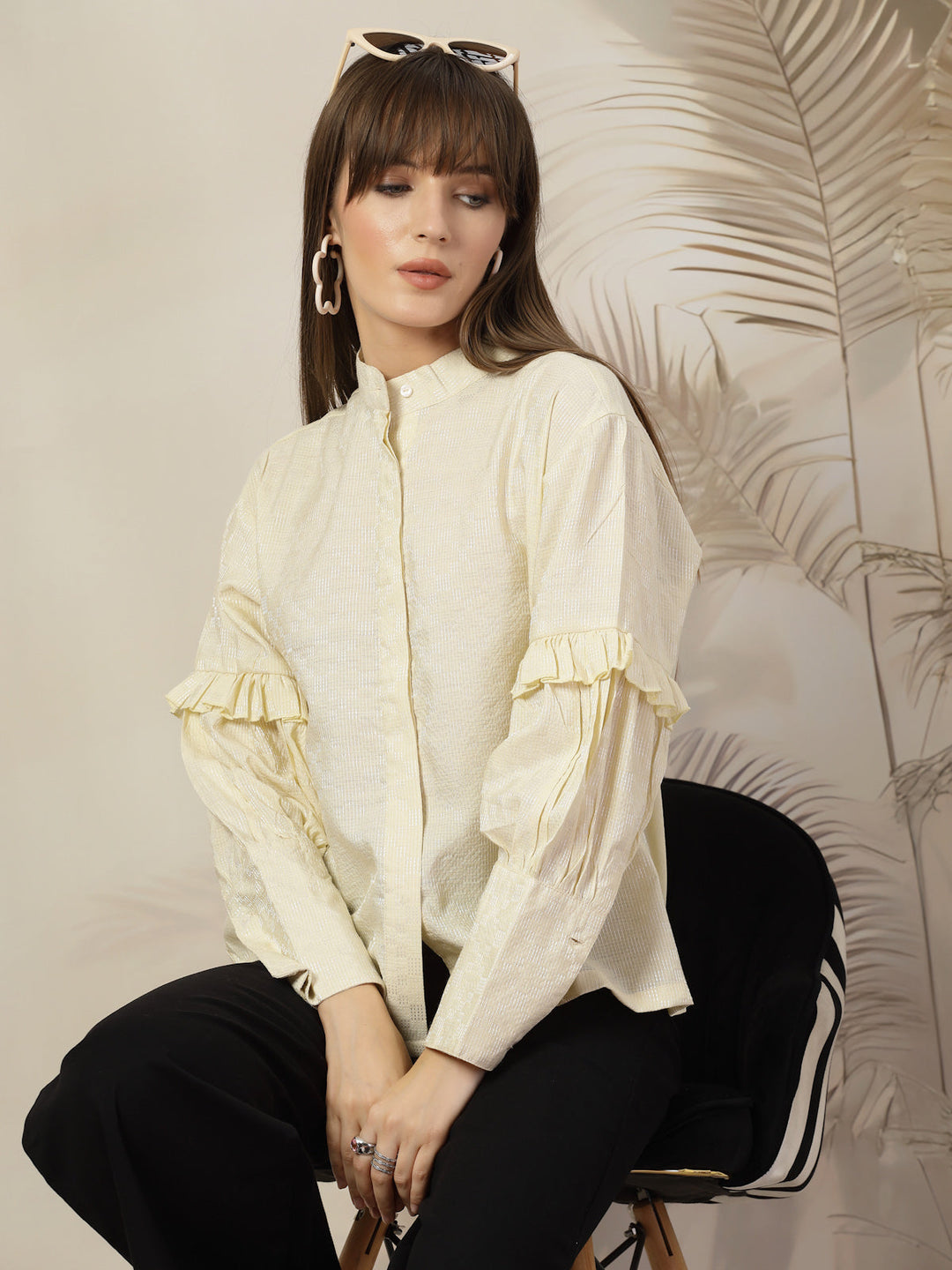 Mandarin Collar Cotton Shirt Style Top