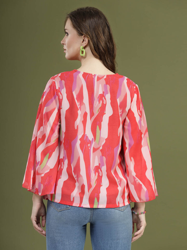 Pink Printed V-Neck Flared Sleeves Top