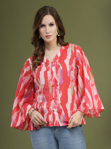 Pink Printed V-Neck Flared Sleeves Top