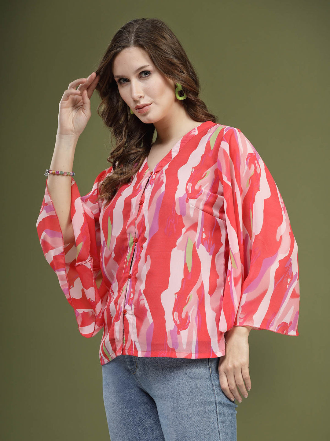 Pink Printed V-Neck Flared Sleeves Top