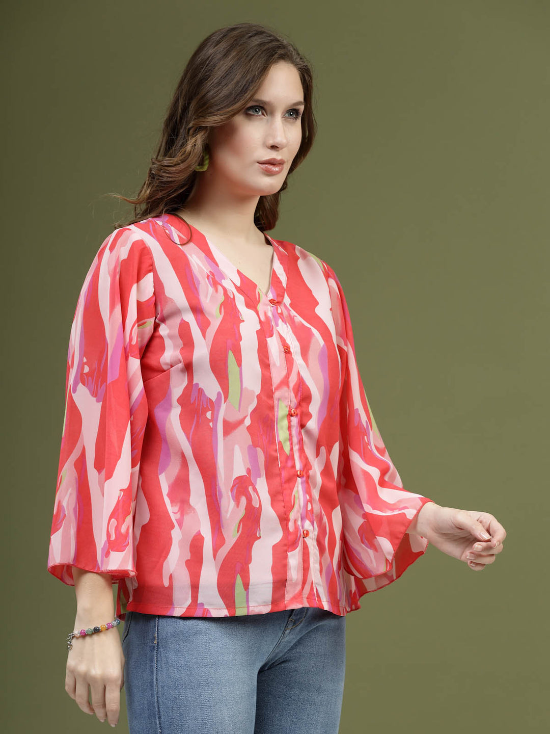 Pink Printed V-Neck Flared Sleeves Top