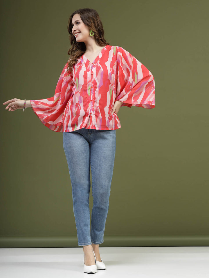 Pink Printed V-Neck Flared Sleeves Top