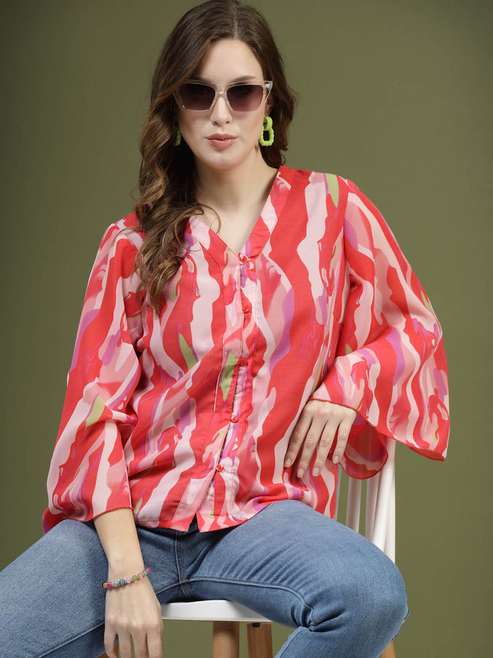 Pink Printed V-Neck Flared Sleeves Top