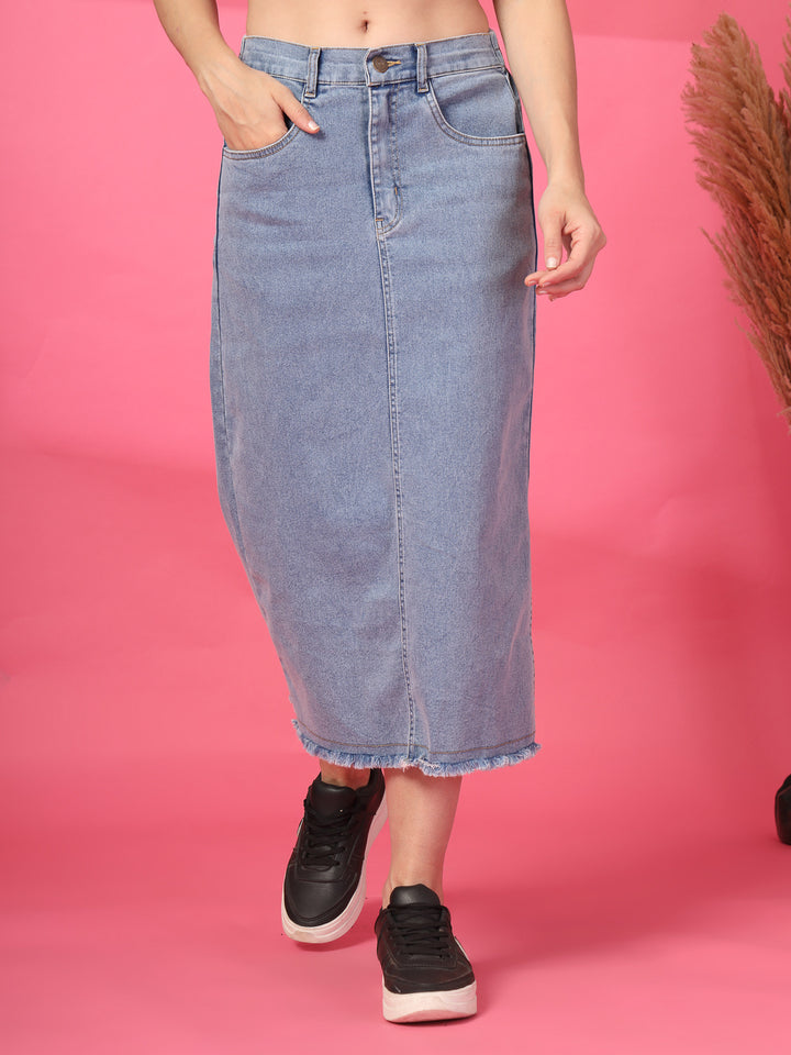 Women Denim Straight A-Line Midi Skirt