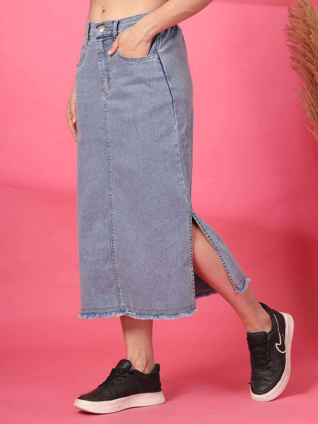 Women Denim Straight A-Line Midi Skirt