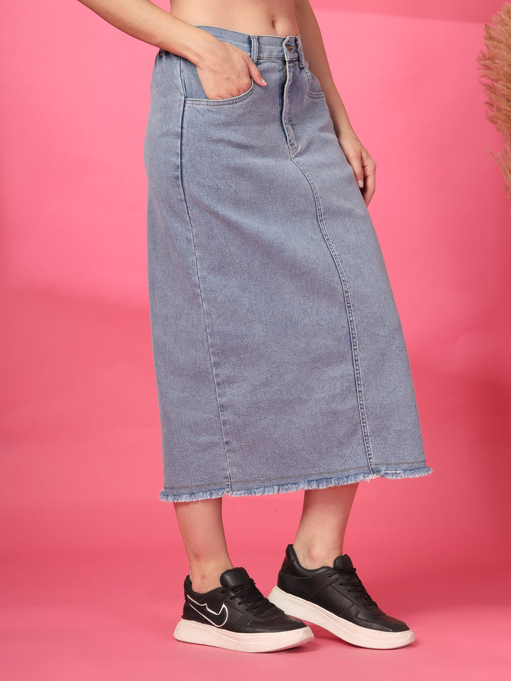 Women Denim Straight A-Line Midi Skirt