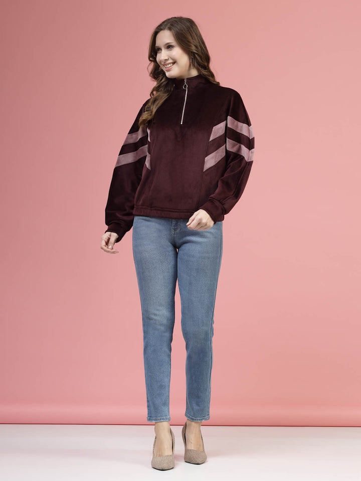 Maroon Mock Collar Long Sleeves Pullover Sweatshirt