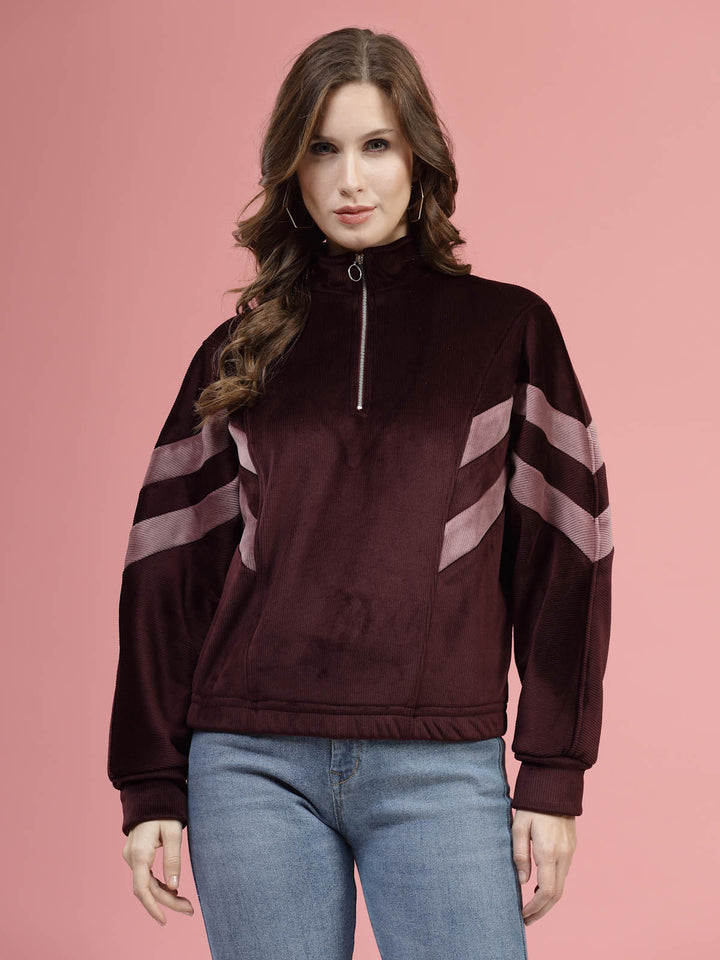 Maroon Mock Collar Long Sleeves Pullover Sweatshirt