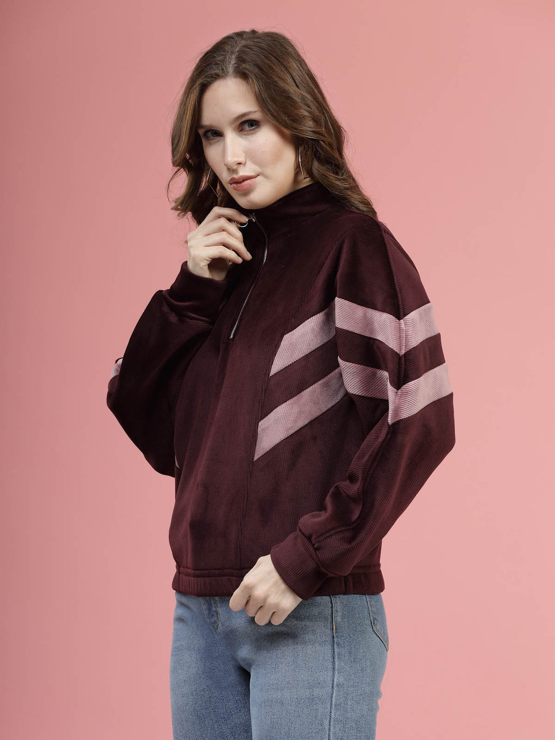 Maroon Mock Collar Long Sleeves Pullover Sweatshirt