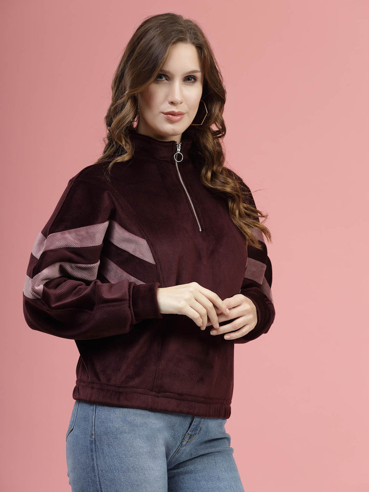 Maroon Mock Collar Long Sleeves Pullover Sweatshirt