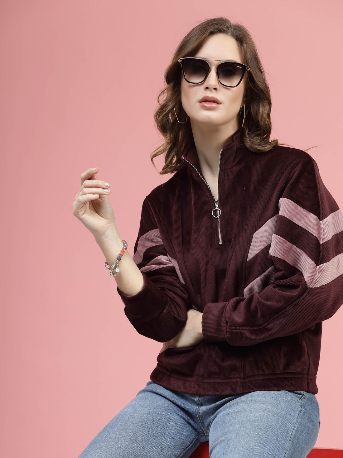 Maroon Mock Collar Long Sleeves Pullover Sweatshirt