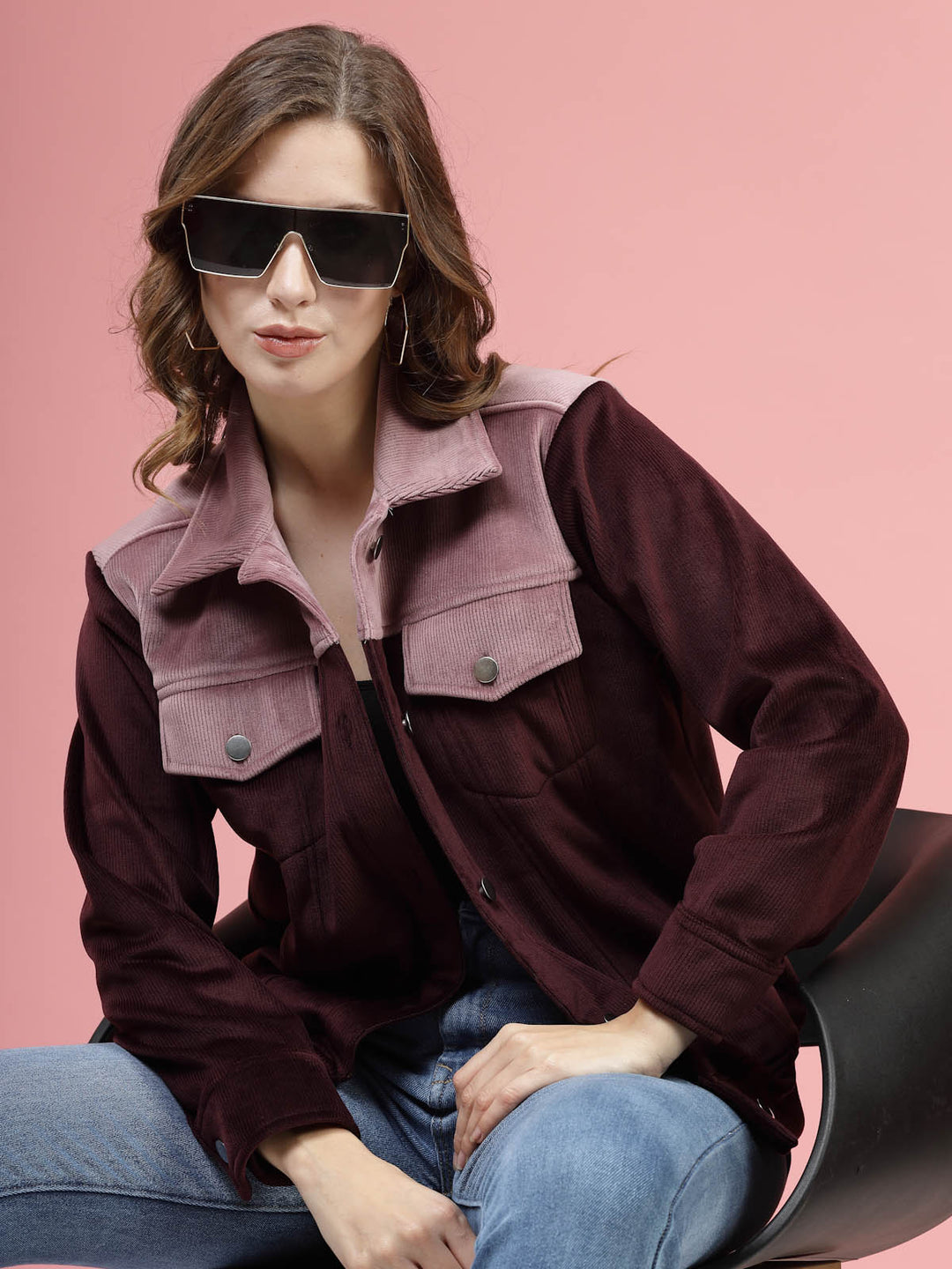 Maroon Self Design Spread Collar Bomber Jacket