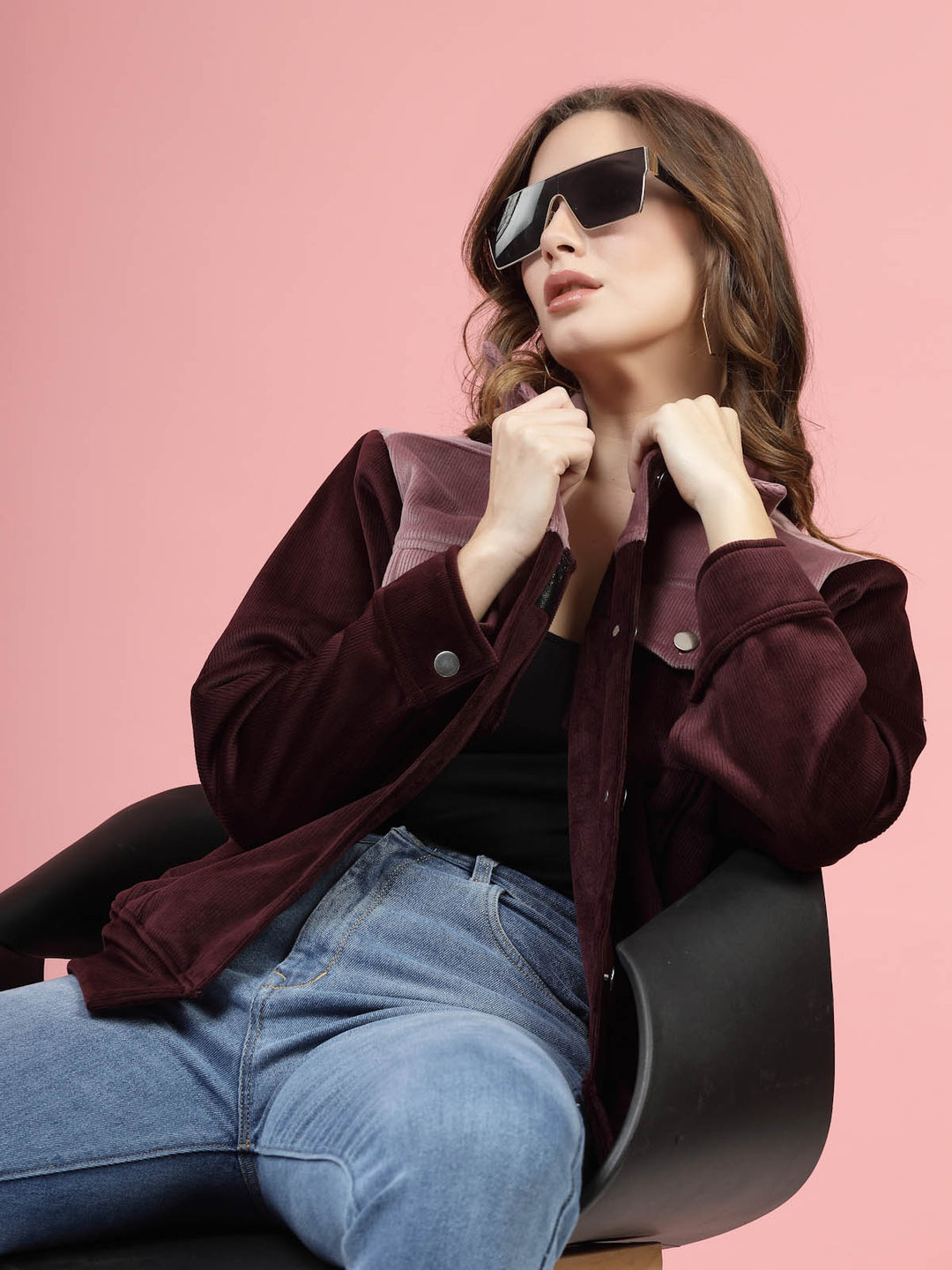 Maroon Self Design Spread Collar Bomber Jacket