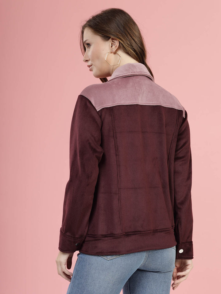 Maroon Self Design Spread Collar Bomber Jacket