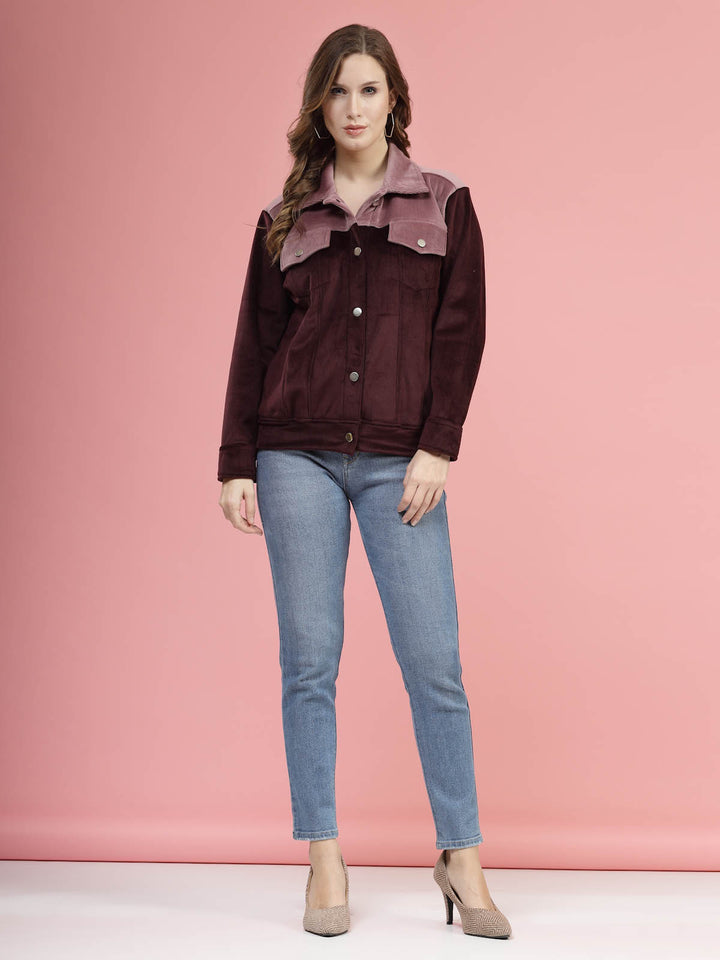 Maroon Self Design Spread Collar Bomber Jacket