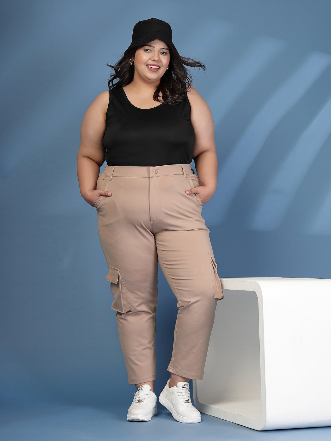 Plus Size Women Solid Mid Rise Regular Fit Cargo Trousers